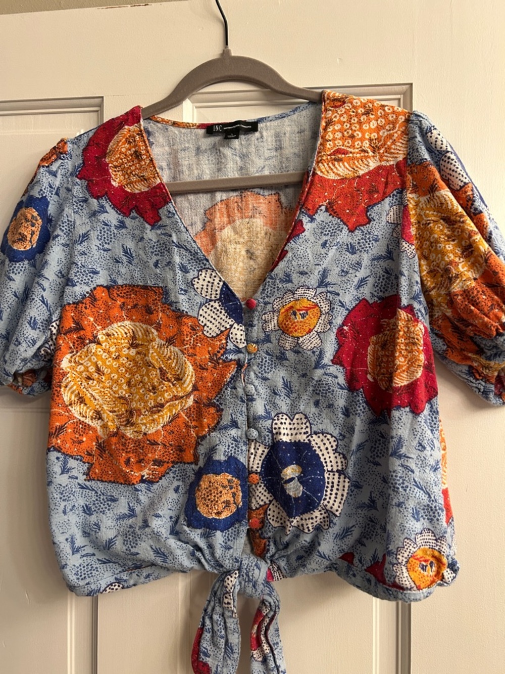 INC International Concepts Blue Floral Tie-Front Button Top